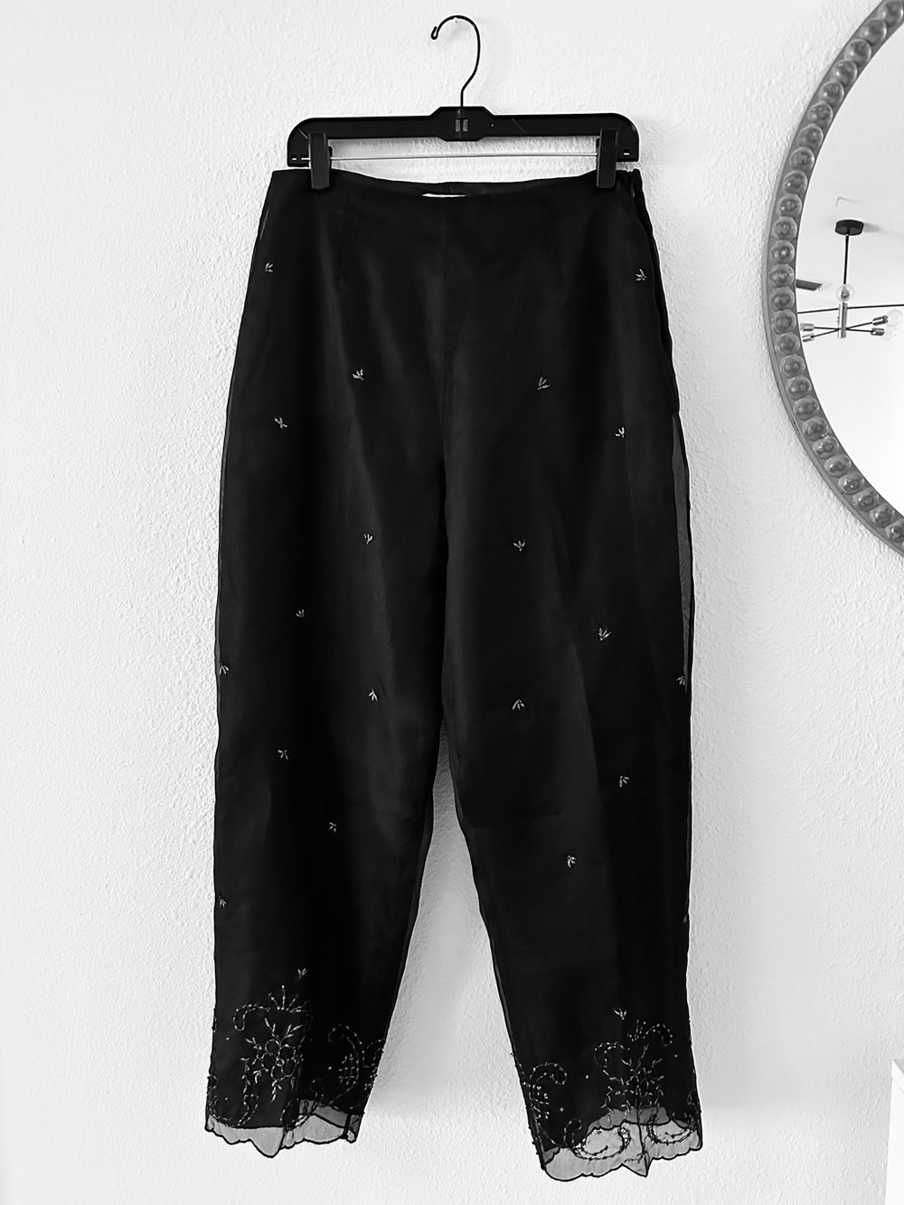 Black Embroidered & Beaded Silk Chiffon Dress Trousers